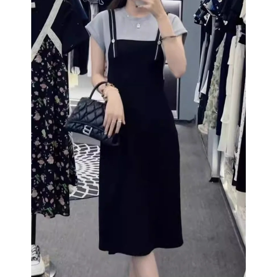 韩系减龄短袖圆领连衣裙女夏季新款设计感收腰背带假两件裙子7405