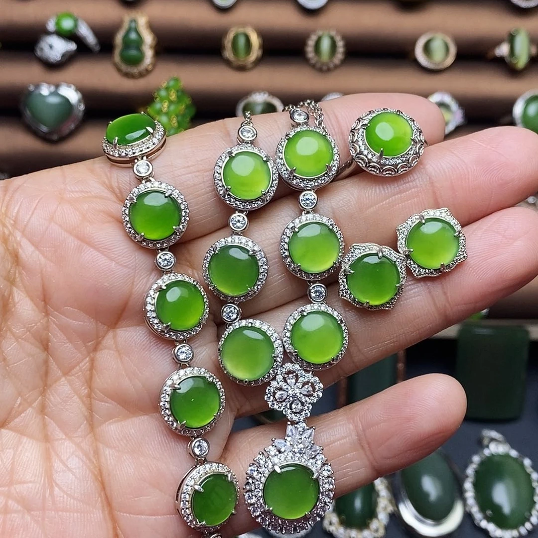 吊坠(不含链)银S925镶嵌和田玉（碧玉）套装