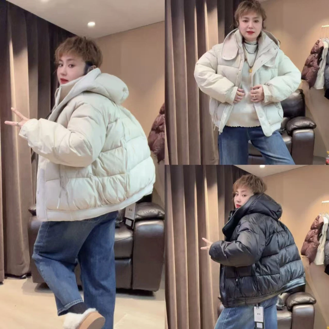 352#连帽拼皮长袖女新款韩版加厚棉服短款保暖外套潮（卡码拍大）