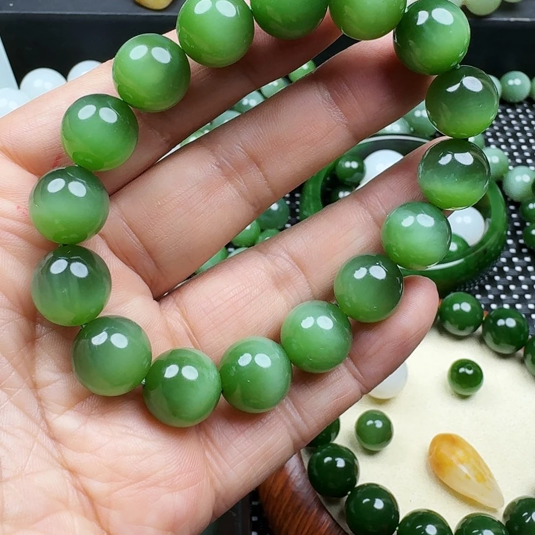 【闪购商品】未镶嵌手链和田玉（碧玉）帝王绿12猫眼一线
