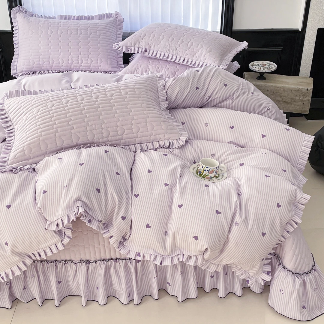 韩版加厚针织棉双面可用公主风床盖四件套荷叶边防滑夹棉床上用品