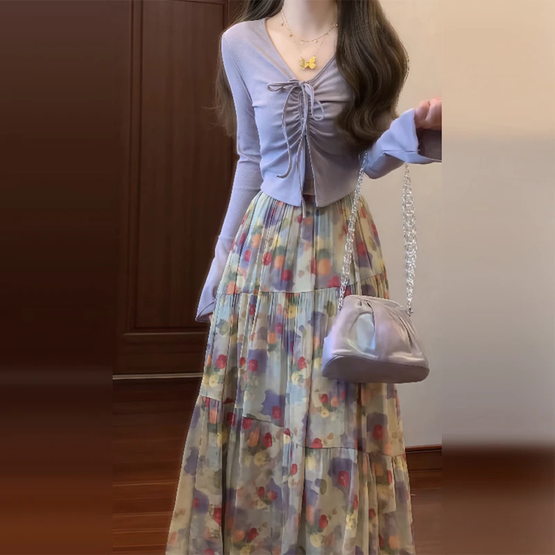 0710法式紫色碎花半身连衣裙子2025新款气质开衫穿搭长裙一整套女