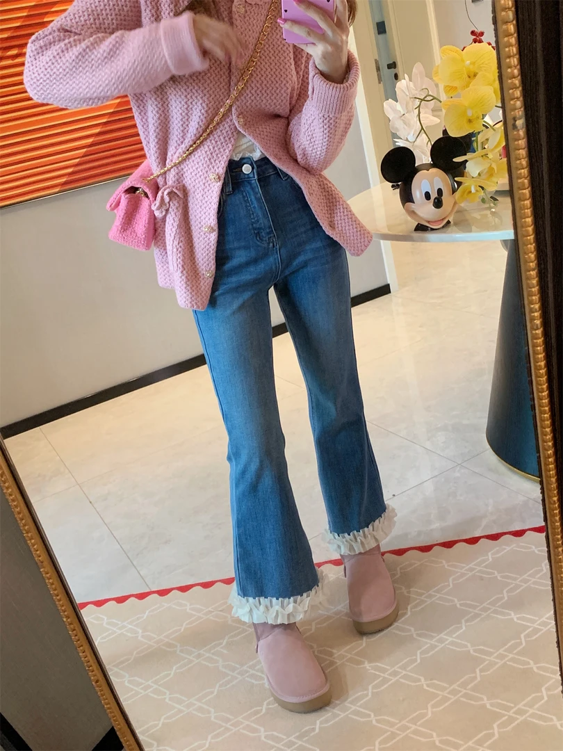 JENNIFER JXLIU韩版超美蓝色花边牛仔裤微喇四面弹力高腰显瘦长裤