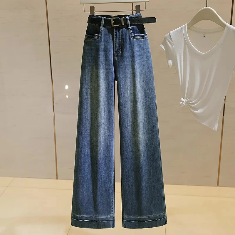 culv深蓝高腰阔腿牛仔裤女夏季新款小个子弹力显瘦百搭直筒九分裤