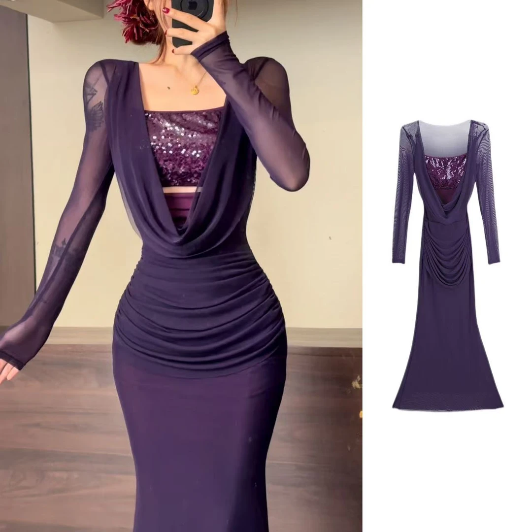 （清）龙怼怼推荐【皇家紫魅】显瘦修身连衣裙气质时尚性感收腰包臀