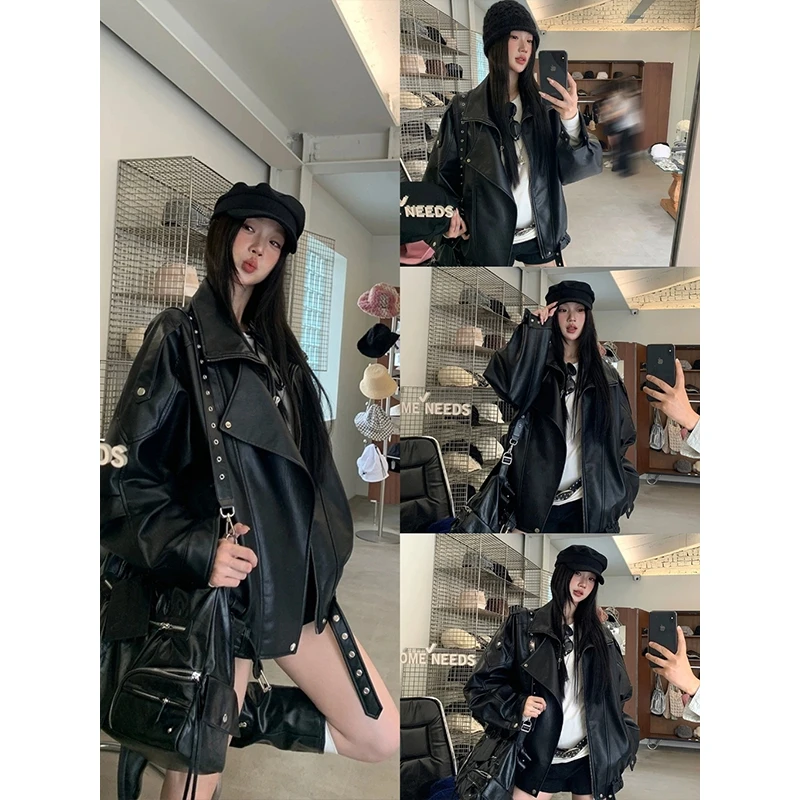 美式复古机车风翻领pu皮衣外套女2025春秋季新款宽松百搭夹克上衣