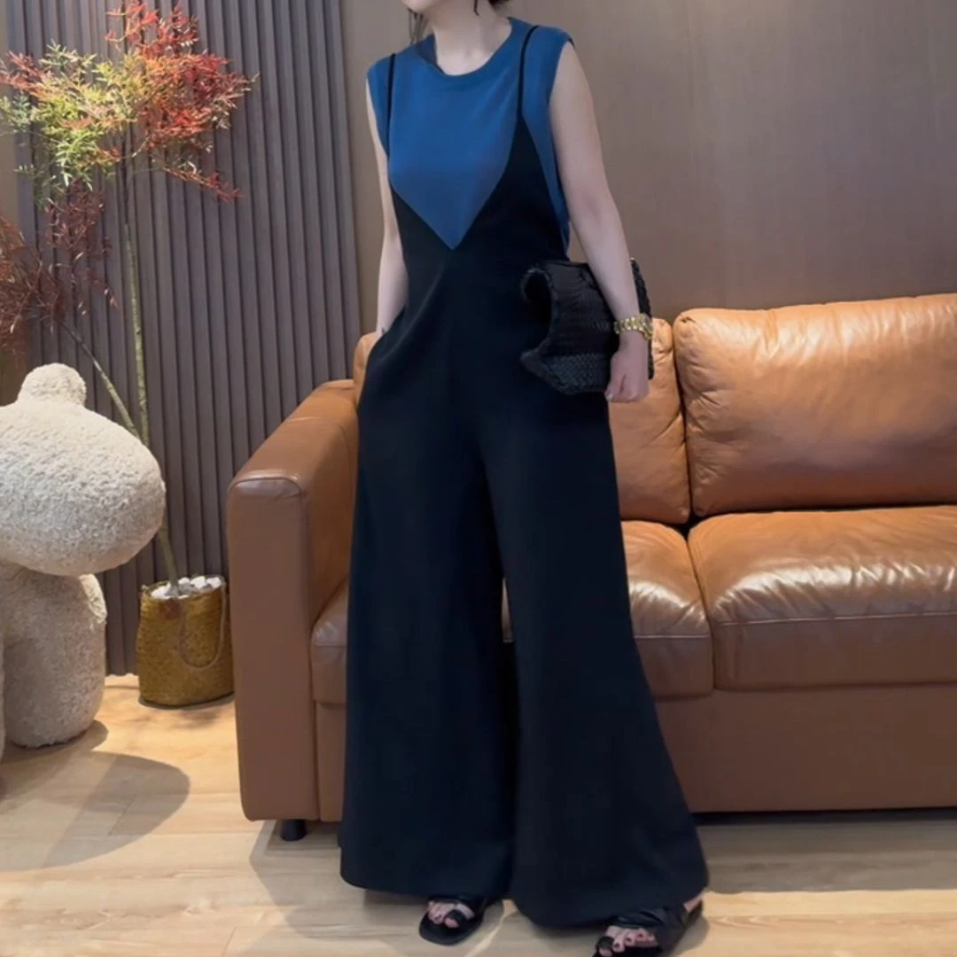 韩版简约无袖连体裤女2025夏季新款时尚百搭宽松显瘦阔腿背带长裤