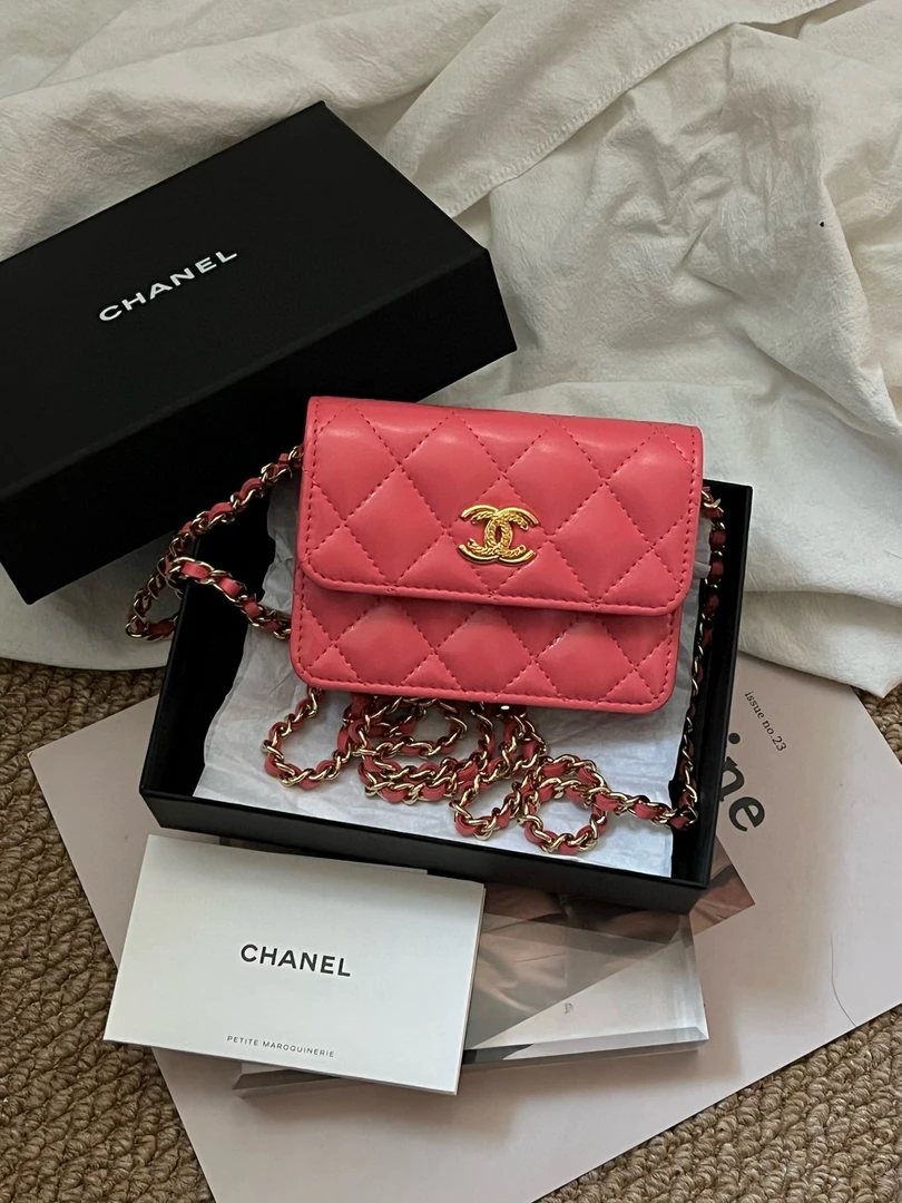 全新未使用 Chanel/香奈儿 chanel西柚粉双c logo mini斜挎包全套