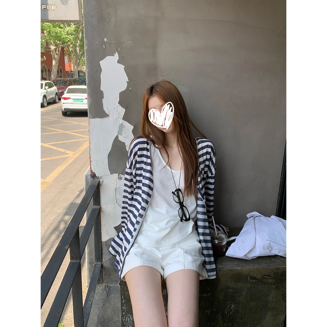 夏季小众韩系百搭休闲复古条纹巨好看的开衫+背心