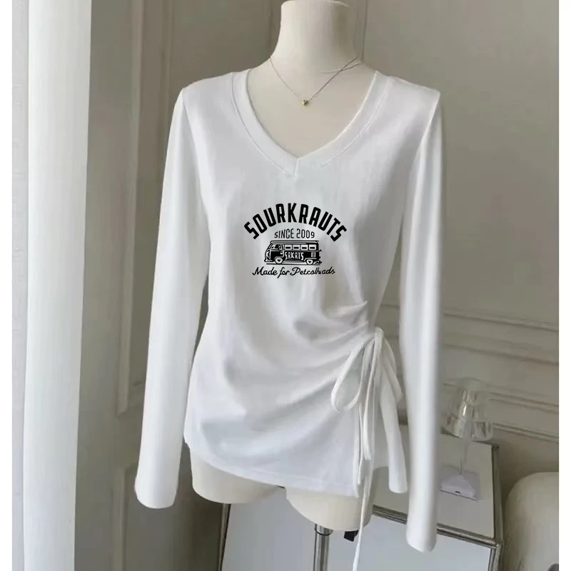 白色v领长袖t恤女早秋2025新款设计感绑带收腰显瘦印花韩系小上衣