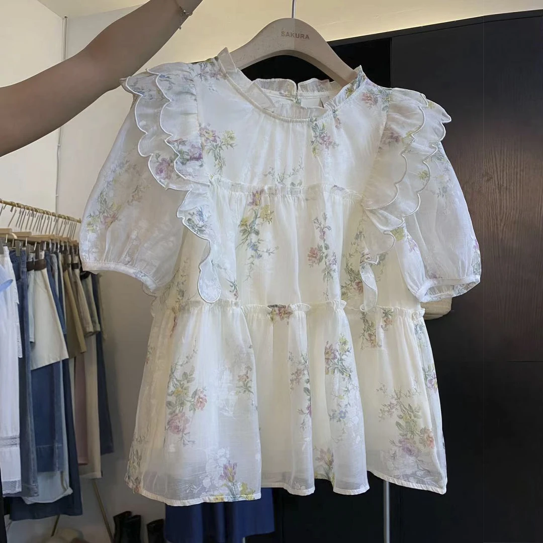 璎婲sᴀᴋᴜʀᴀ【花开半夏】星韩版甜美减龄木耳边碎花娃娃衫短袖衬衫