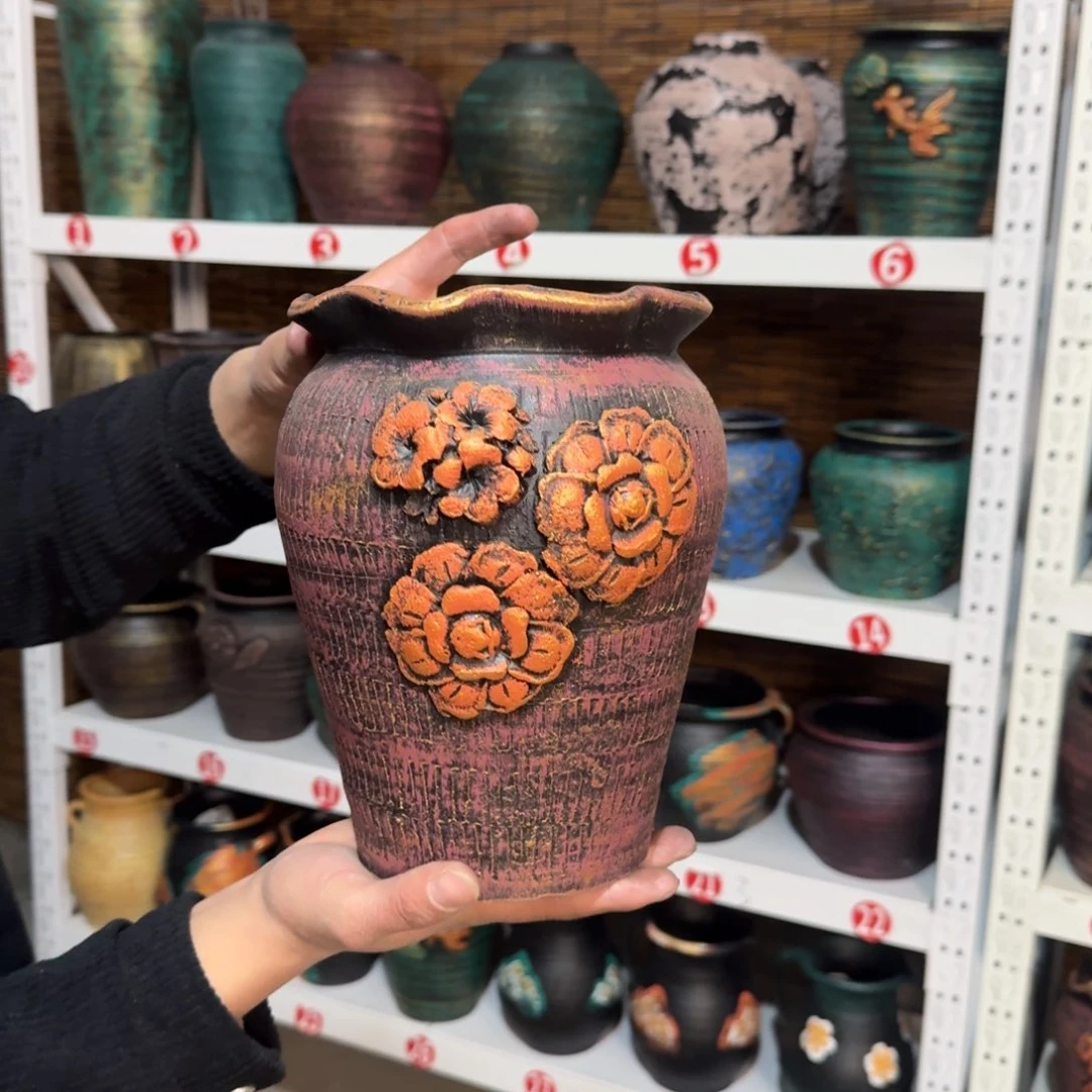 红陶红陶浮雕花盆炸炸炸