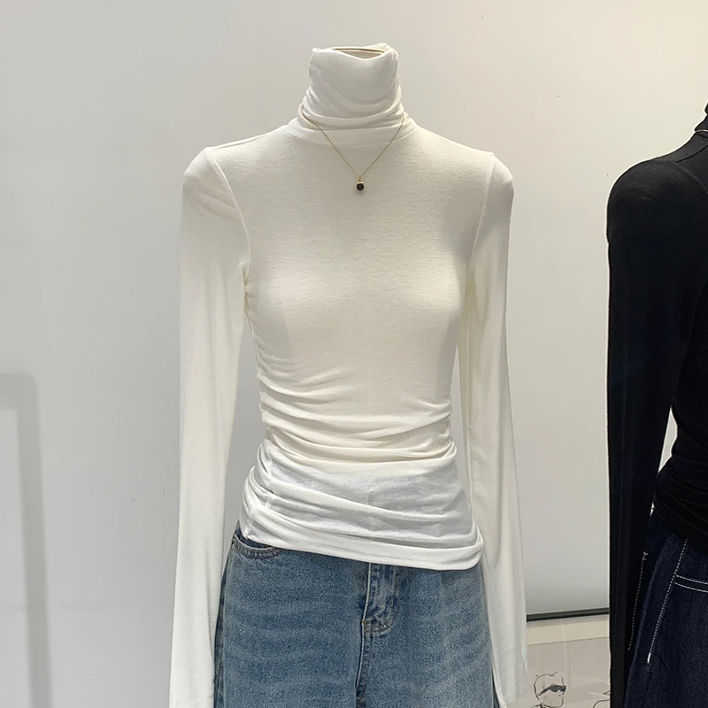 天丝羊毛高领内搭白色打底衫女秋冬新款高级感堆堆领修身长袖上衣