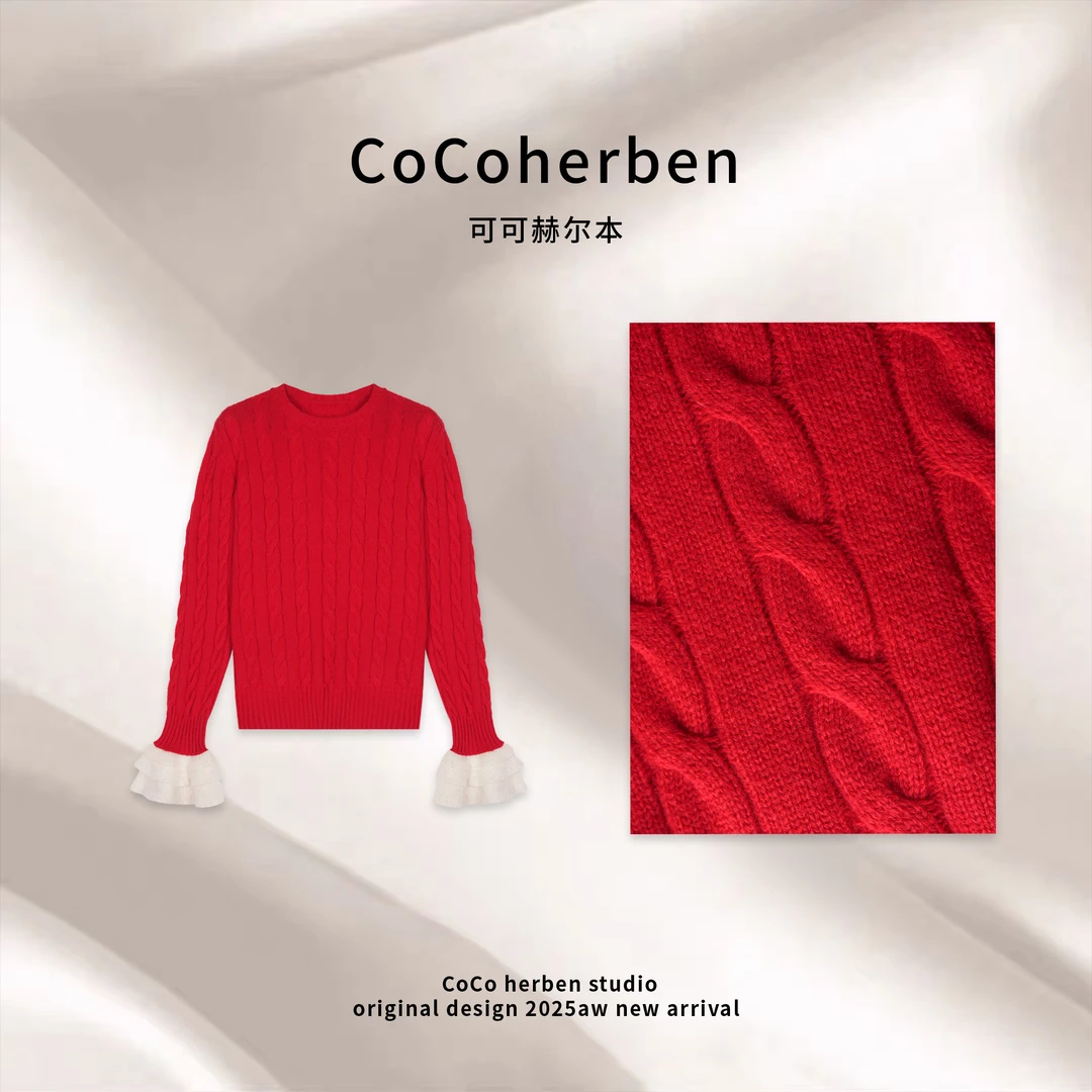 CocoHerben宽松型冬季圆领包袖毛针织衫提花针织毛衣HBX013