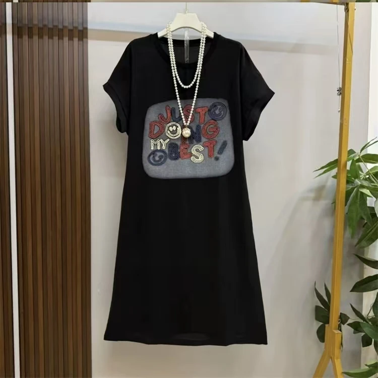 大码女装连衣裙2025夏季新款胖mm洋气遮肚字母印花短袖长裙子