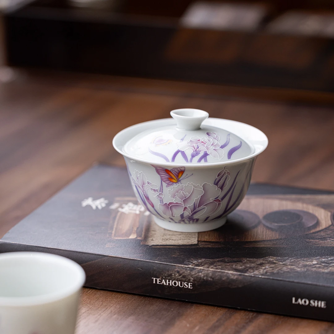 嫣兰紫蝶二才盖碗茶杯茶具女士闺蜜个人专用泡茶碗