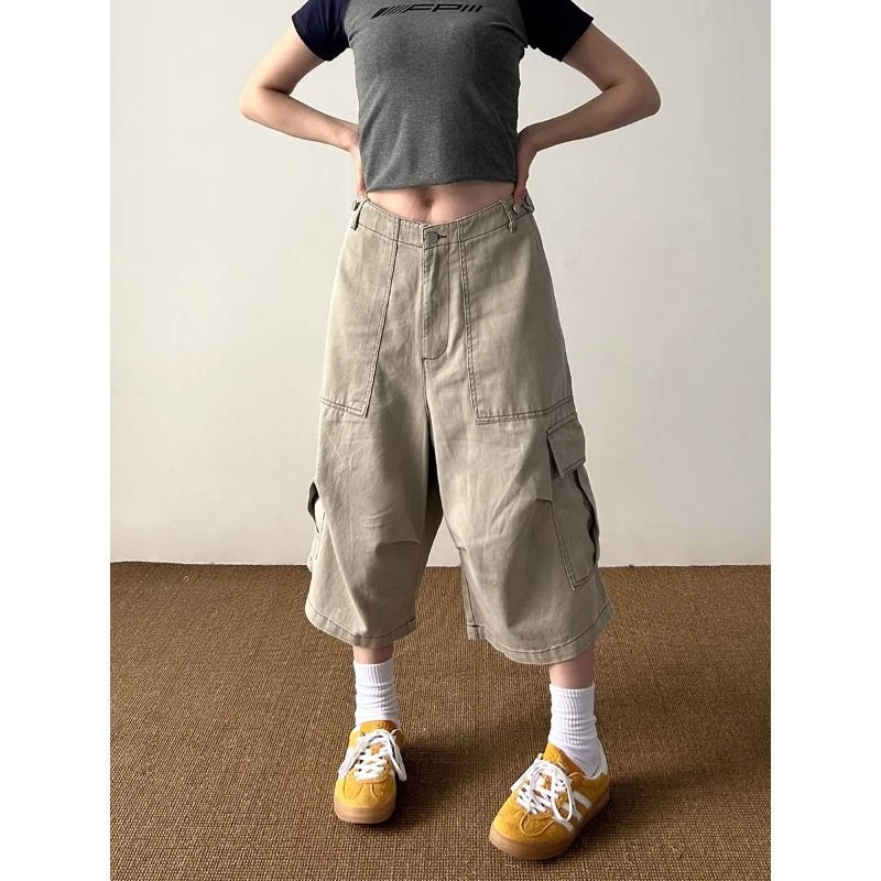 美式复古多口袋七分裤男女宽松阔腿工装休闲裤褶皱高级感帅气中裤