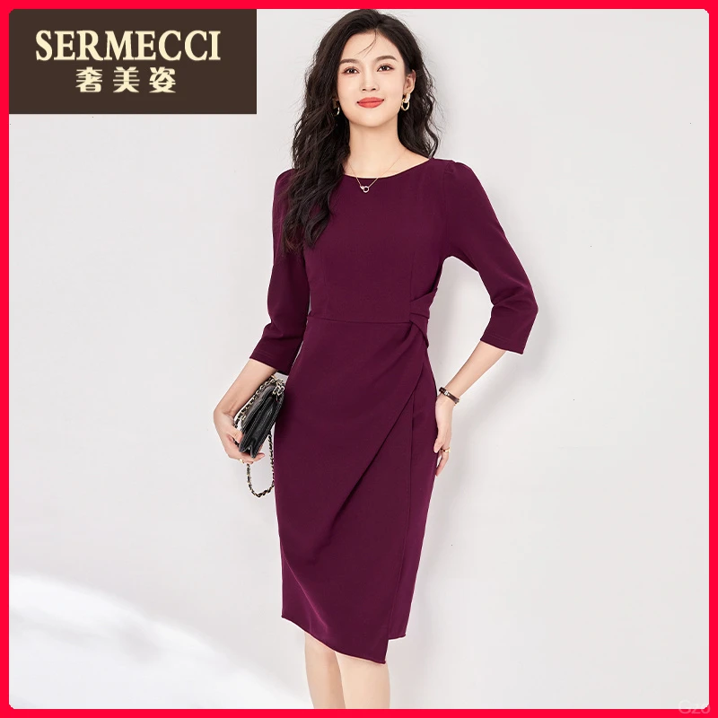 2025秋季奢美姿复古优雅显瘦连衣裙新款时尚圆领通勤包臀裙