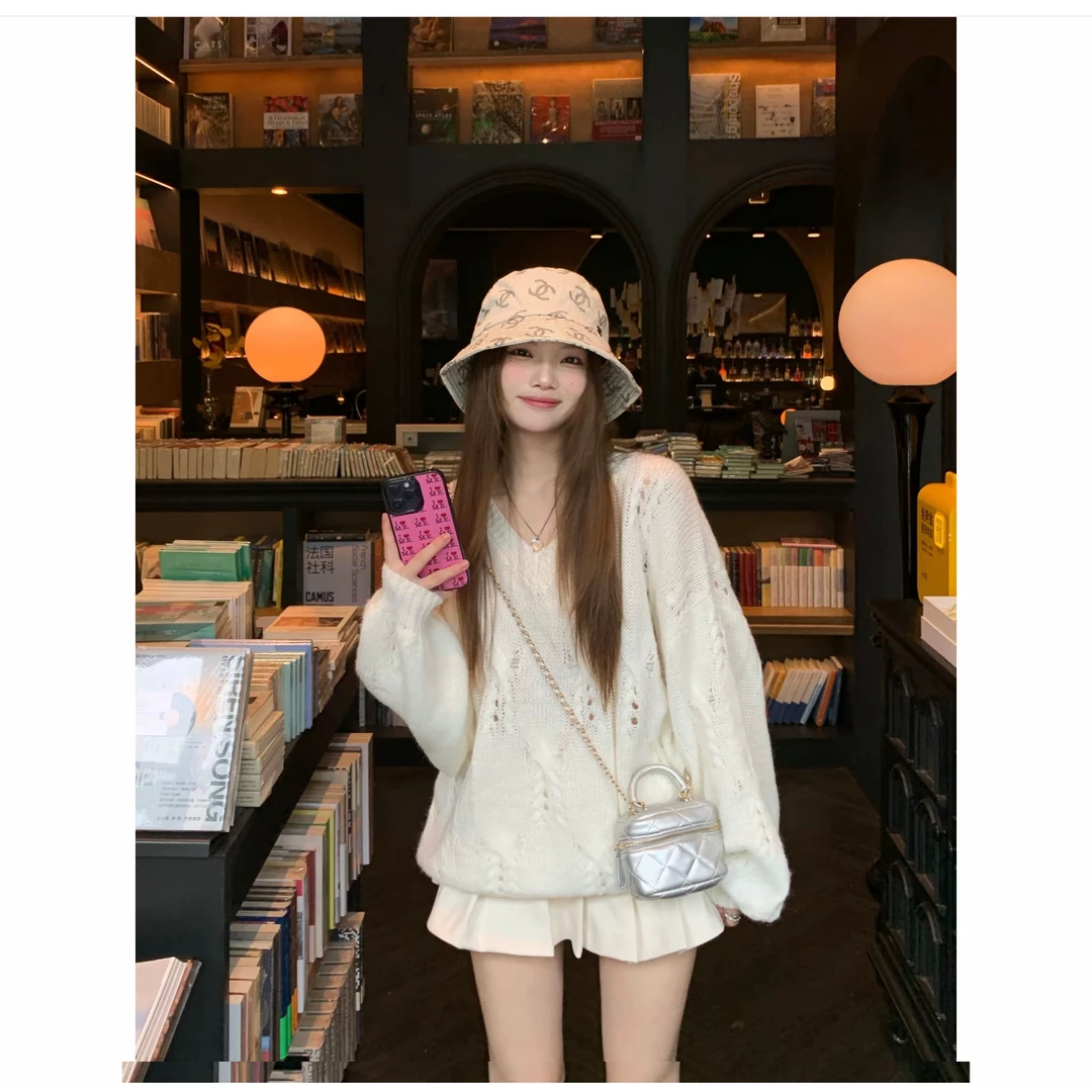 慵懒风不褪色复古韩版女镂空毛针织衫~立体感半裙套装