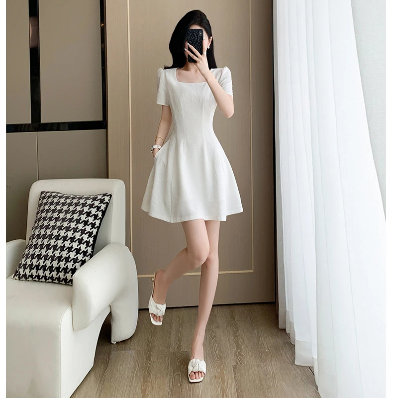 法式初恋小个子方领裙子高端气质小香风白色a字连衣裙女夏小礼服