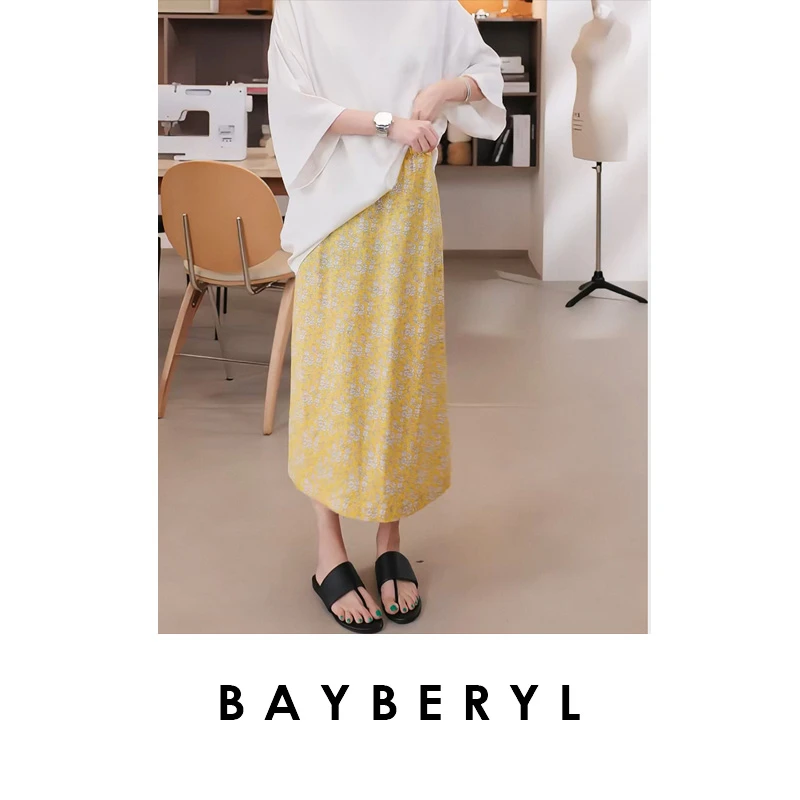 BAYBERYL老贝利伯缇*碎花汉麻田园松紧腰开叉半身裙YQ5F0701-6/21