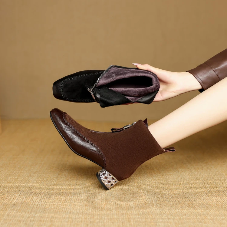 3.5cm 法式气质通勤百搭短靴秋冬韩版网红简约风时尚爆款棕色短靴