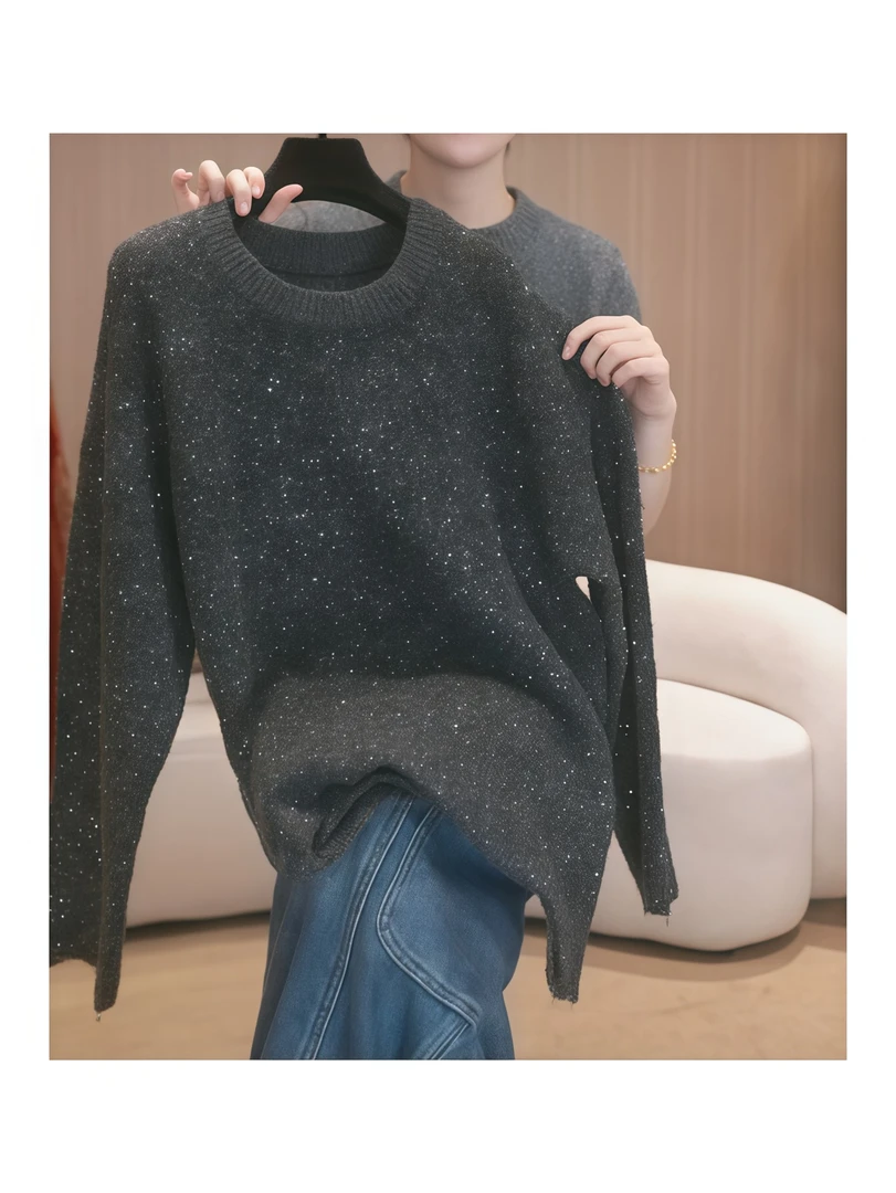 冬季时尚长袖毛针织衫气质女常规灰色毛衣圆领（娜娜）