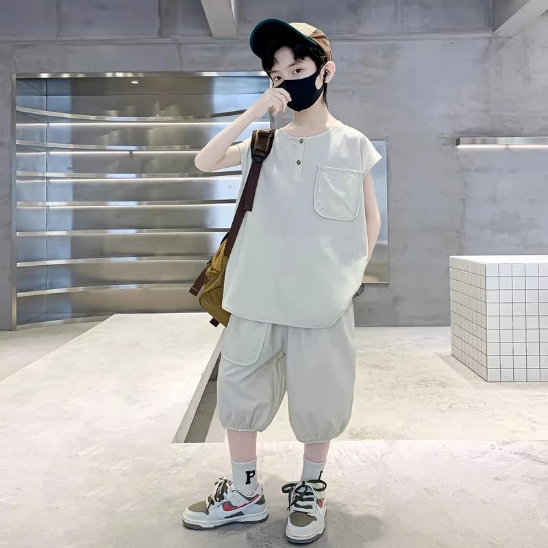 MK&UR.BV男童套装夏装2025新款纯棉中大童薄款凉快儿童无袖衣服潮