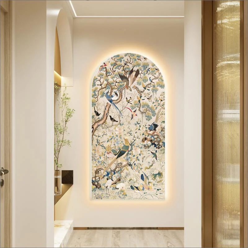 法式入户玄关装饰画现代led灯光挂画花鸟祥和图走廊过道客厅壁画