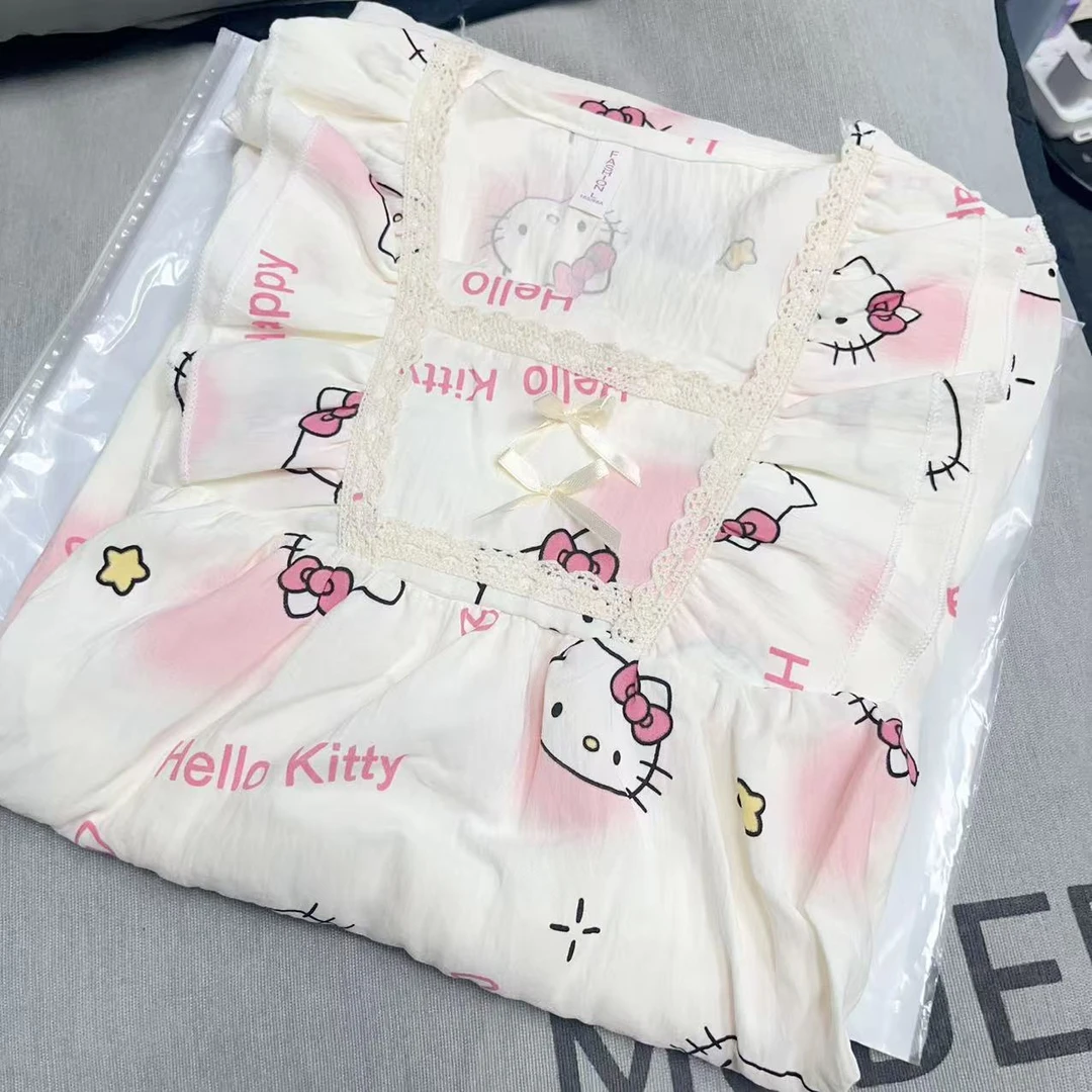 【R546】夏季清凉一夏粉色K小猫满印睡裙+胸垫