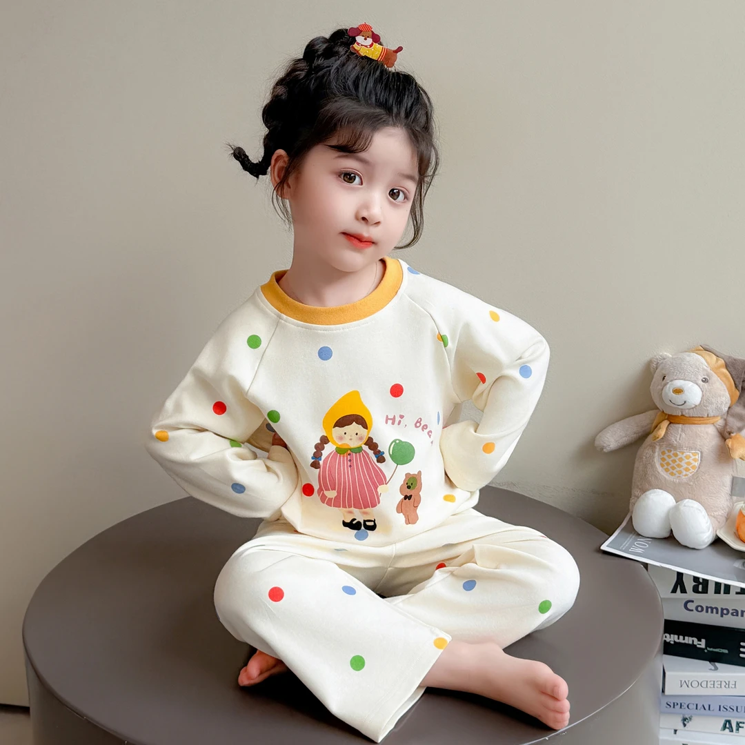 女童睡衣春秋款2025新款长袖纯棉套装女宝宝儿童卡通可爱波点女孩