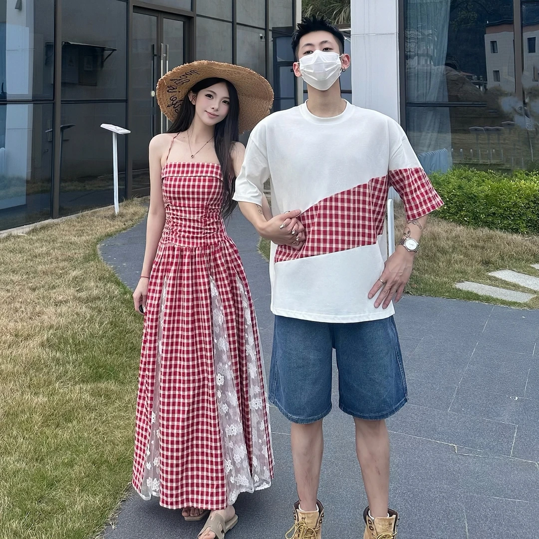 海边情侣装度假风沙滩套装高级感格子吊带连衣裙拼接t恤一裙一衣