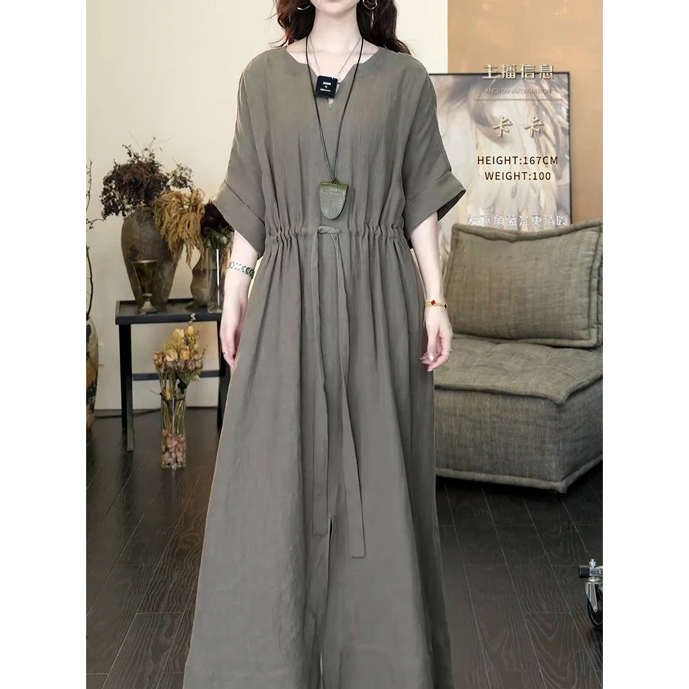 高档时尚复古文艺范连衣裙2025夏季新款气质抽绳设计遮肉显瘦长裙