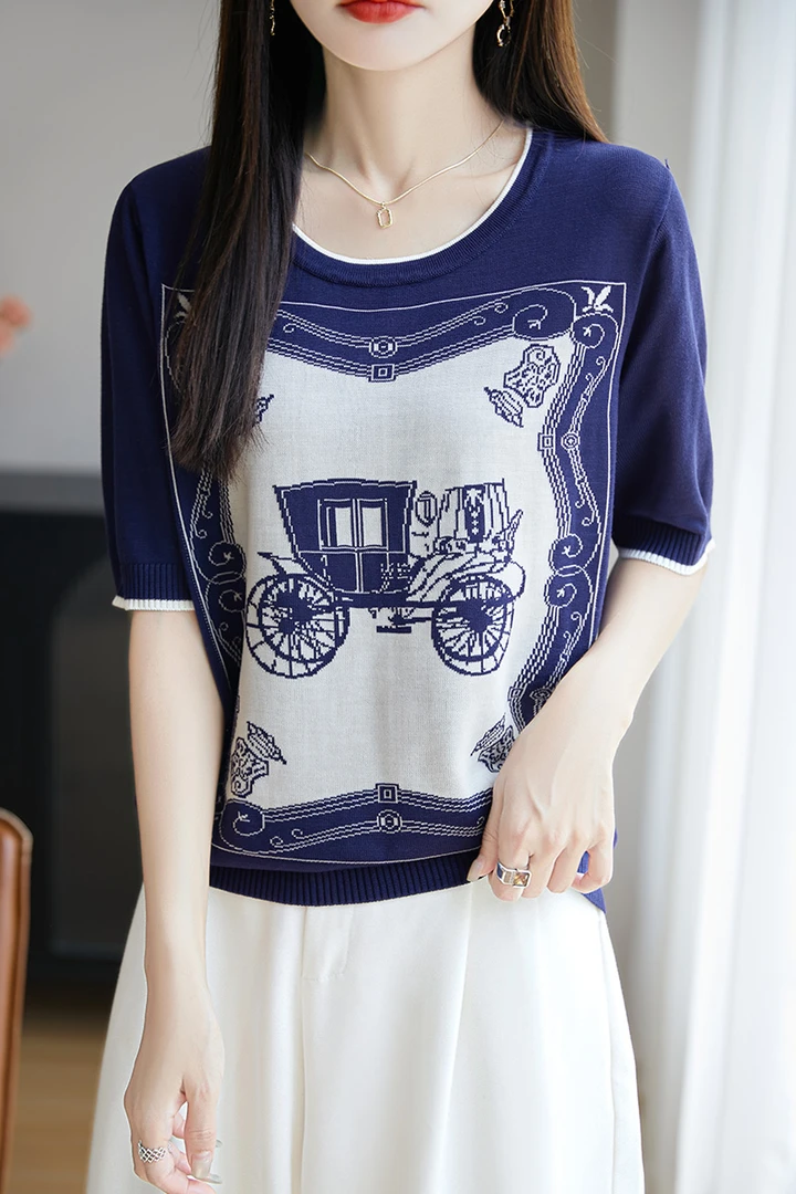 夏季宽松型圆领提花拼色毛针织衫薄款休闲显瘦设计感