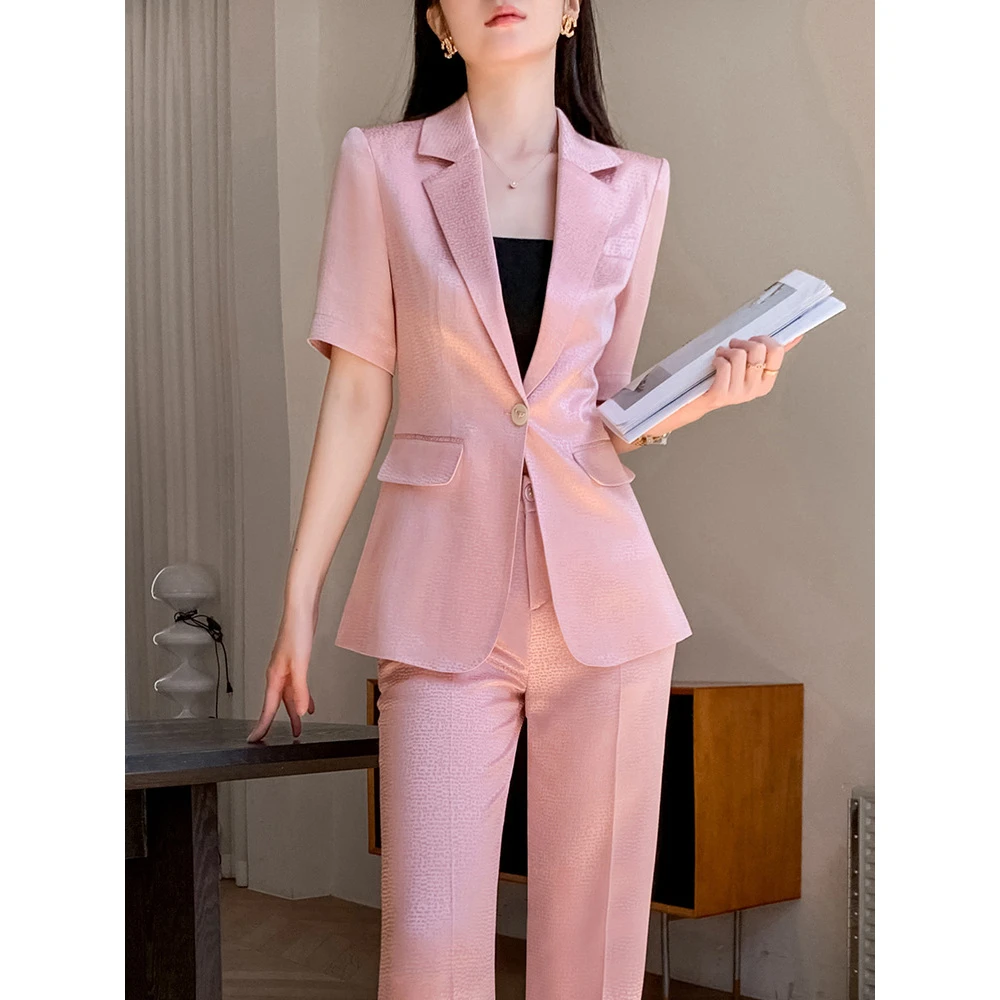 夏季短袖粉色西装套装显瘦修身气质小个子时尚休闲西服外套职业