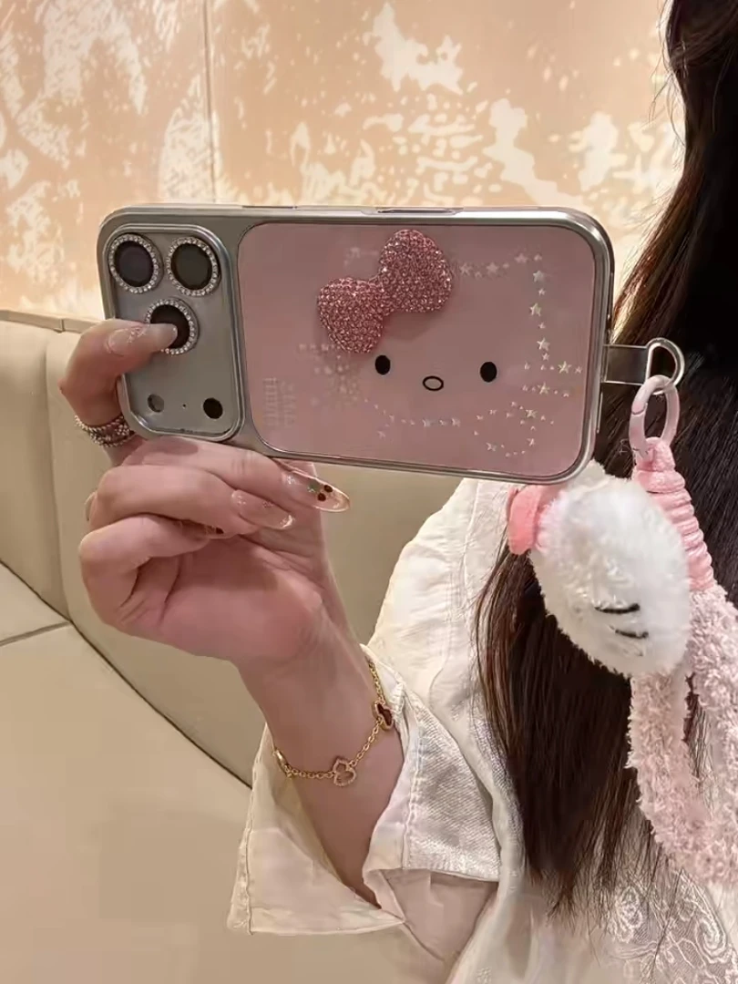 少女粉底横版镭射星星kt猫适用iPhone17pro手机壳苹果16pro手绳15