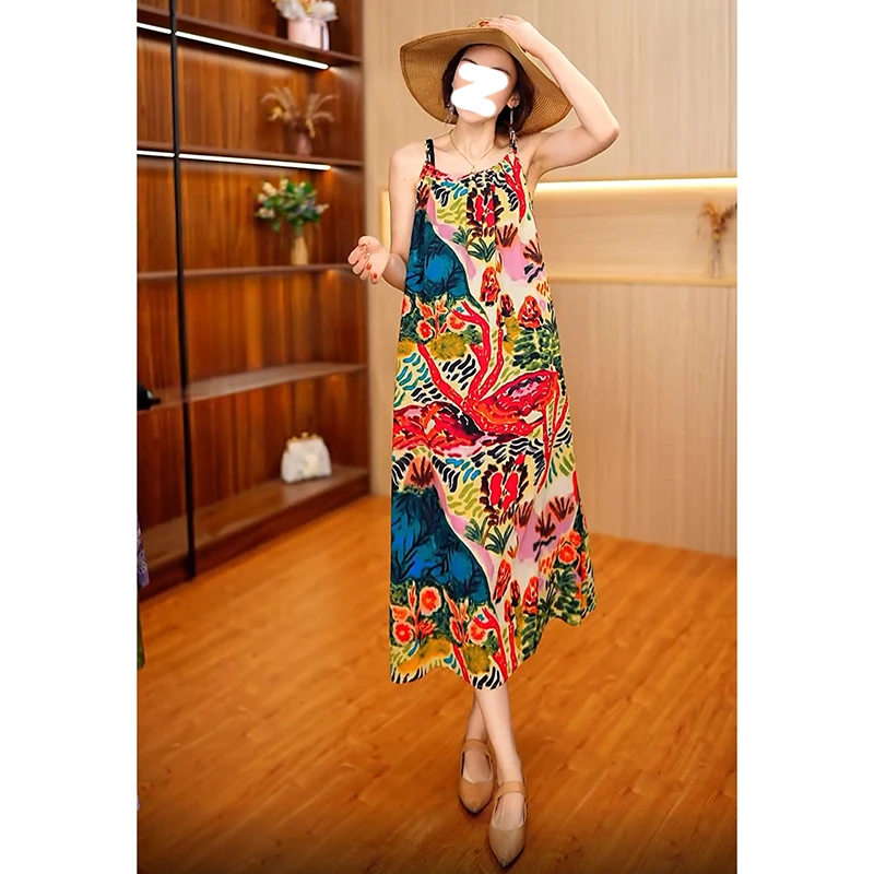 夏日多巴胺复古波西米亚泰国民族风碎花吊带连衣裙海边度假沙滩裙