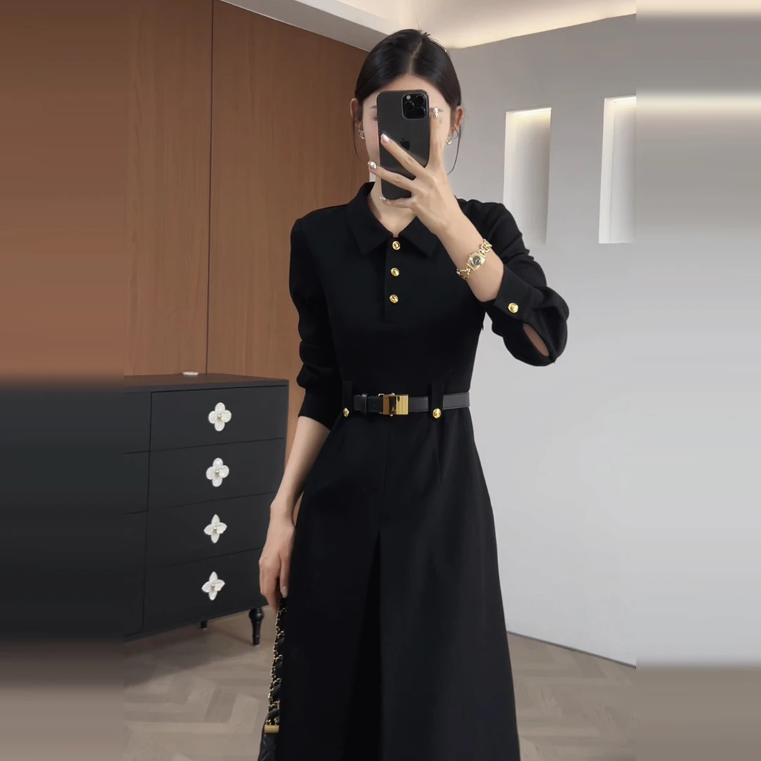 法式复古黑色Polo领长袖衬衫连衣裙子女早秋2025新款长裙6652