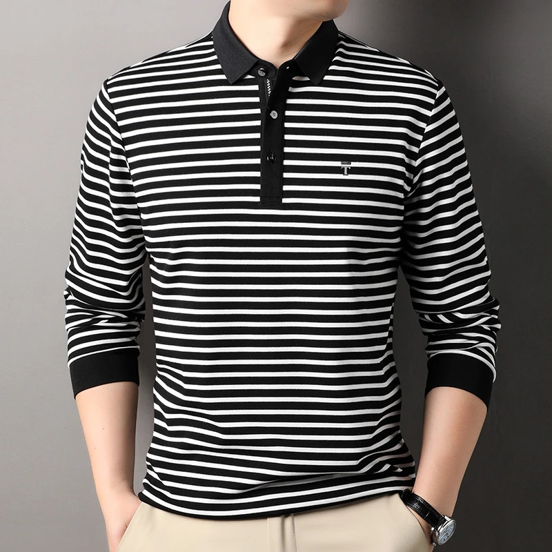 Louis Fordea路易弗狄/经典黑白条纹体恤衫男男士夏季条纹翻领T恤