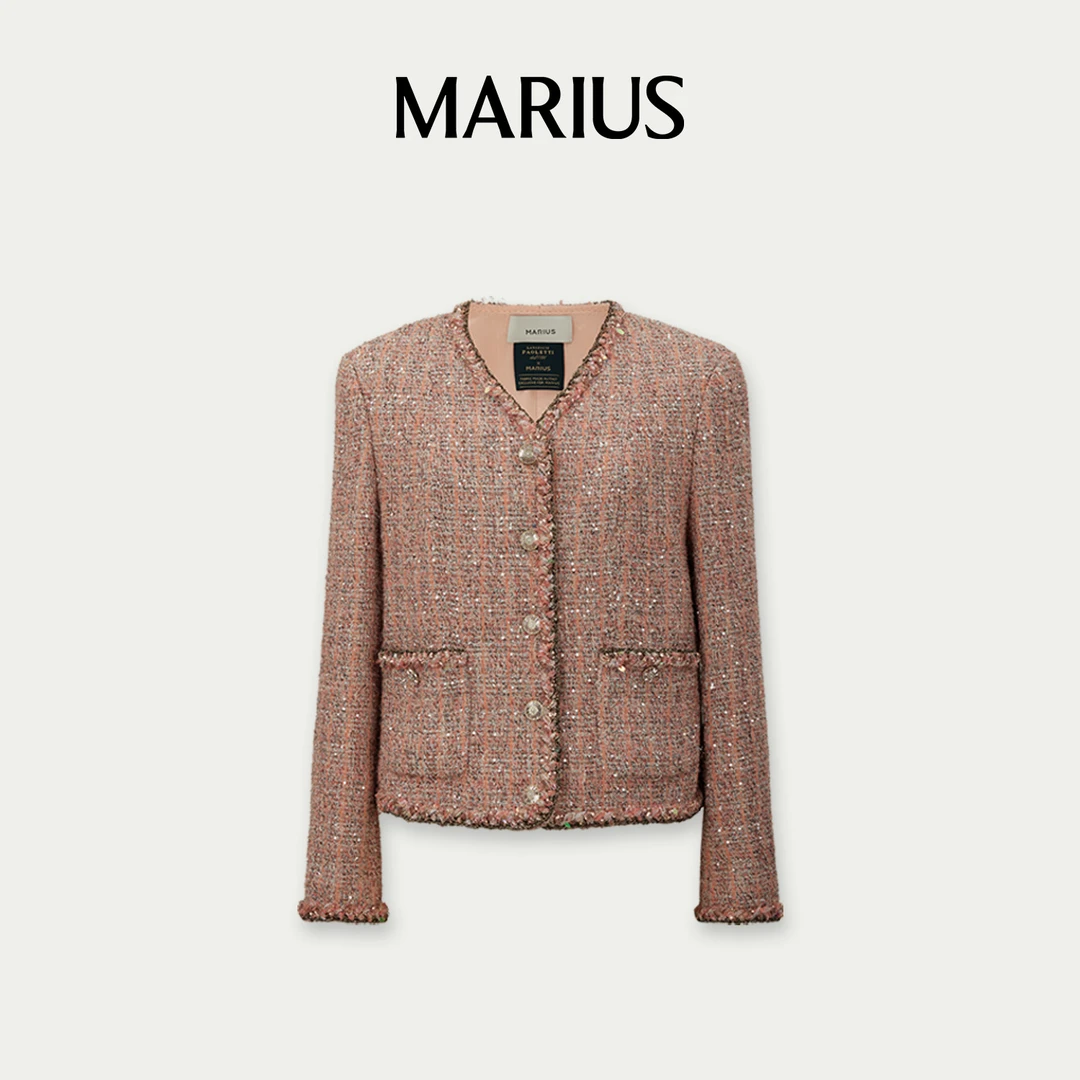 MARIUS气质灵动时尚休闲短款经典百搭绯粉色V领小香风外套女士