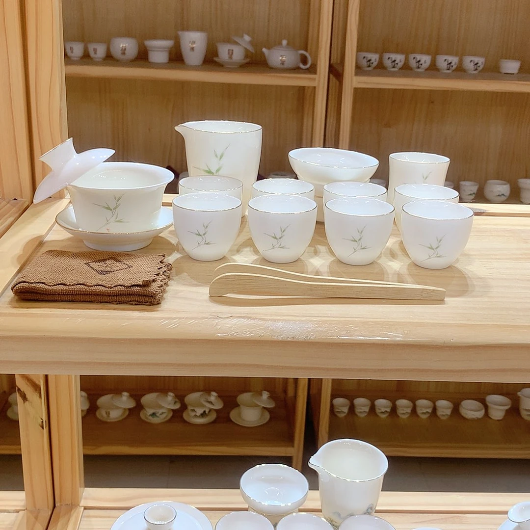 羊脂玉瓷竹报平安15件套功夫茶具