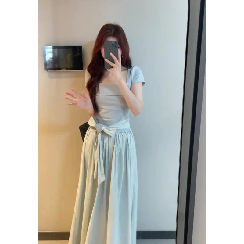 连衣裙女2025夏季新款法式气质方口领修身短袖蝴蝶结中长款裙子