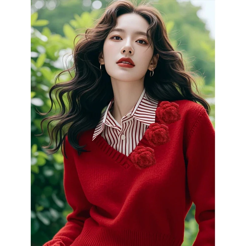 YS#红色玫瑰立体花朵毛衣女士秋冬新款时尚减龄慵懒风DY11131