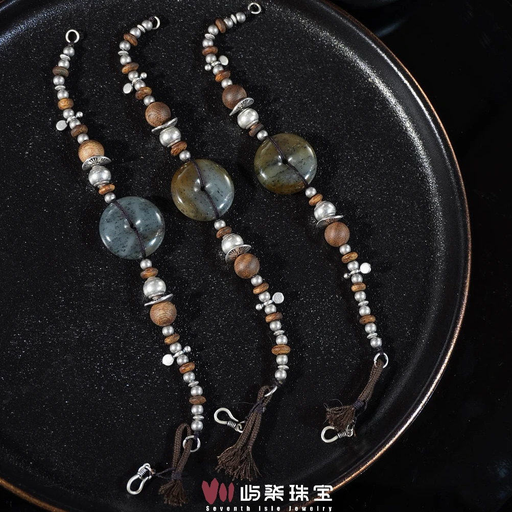 B1295 和田玉银S925镶嵌 点墨肉扣银珠珠手链多样性发一 22x8