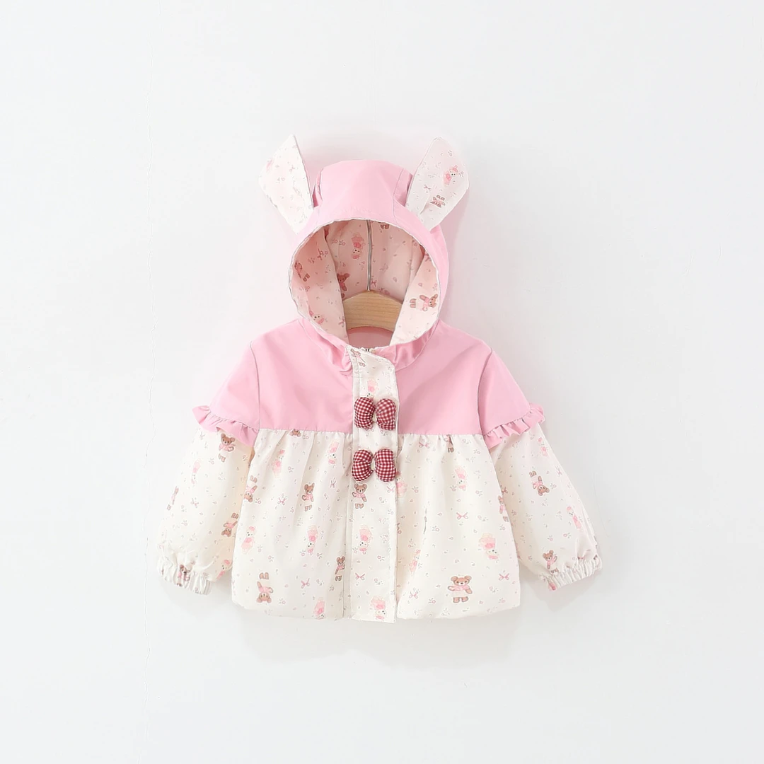 童装女童外套春秋季婴儿童女宝宝卡通兔耳朵连帽风衣小童秋装外衣