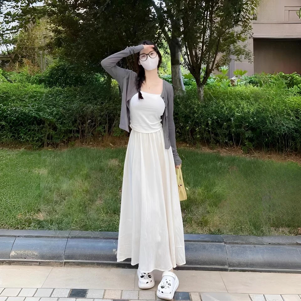 百搭休闲风半身裙夏季白色宽松半身裙中长款显瘦长裙