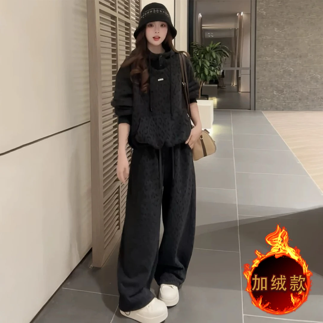 个性百搭时尚套装女秋冬新款韩系宽松显瘦连帽卫衣直筒长裤两件套