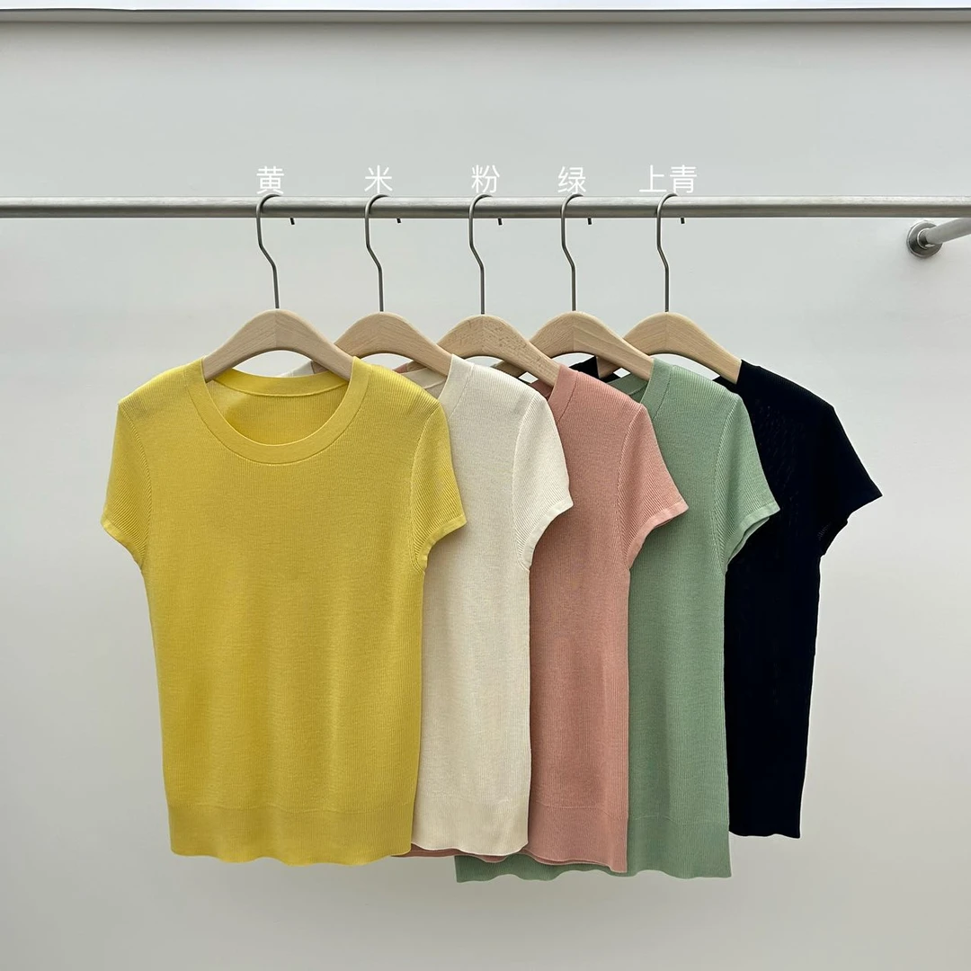 短袖女毛针织衫法式高领针织毛衣打底开叉针织衫弹力米粉休闲