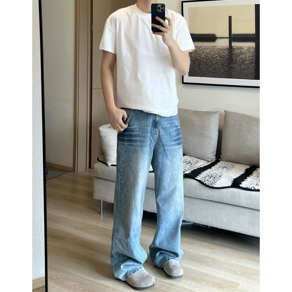 美式复古水洗闪电纹设计感直筒牛仔裤男宽松百搭拖地长裤