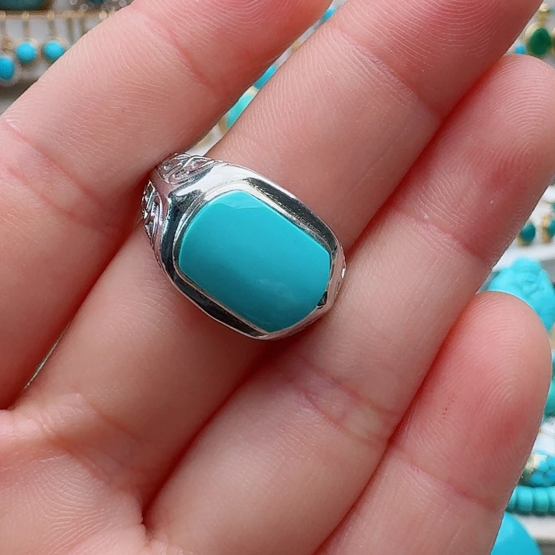 饼****绿松石银S925镶嵌戒指